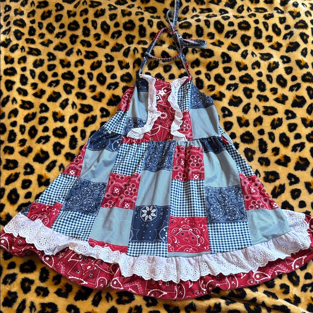 Patchwork Halter Dress with Lace Trim